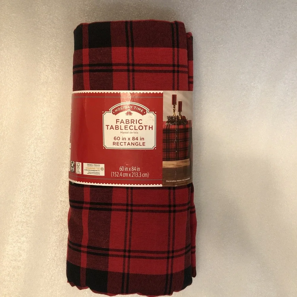 New Holiday Time‎ Buffalo Plaid Fabric Tablecloth Red Black Rectangle 60